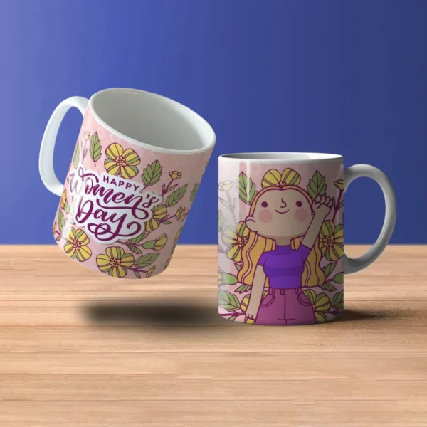 mugs-happy-womens-day-con-mujer-y-flores-amarillas