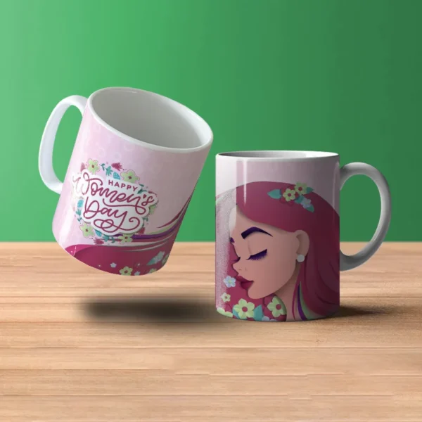 mugs-happy-womens-day-con-mujer-y-flores-en-el-fondo