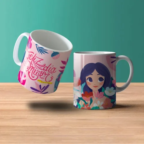 Mugs día de la Mujer-con-flores-y-mujer-animada